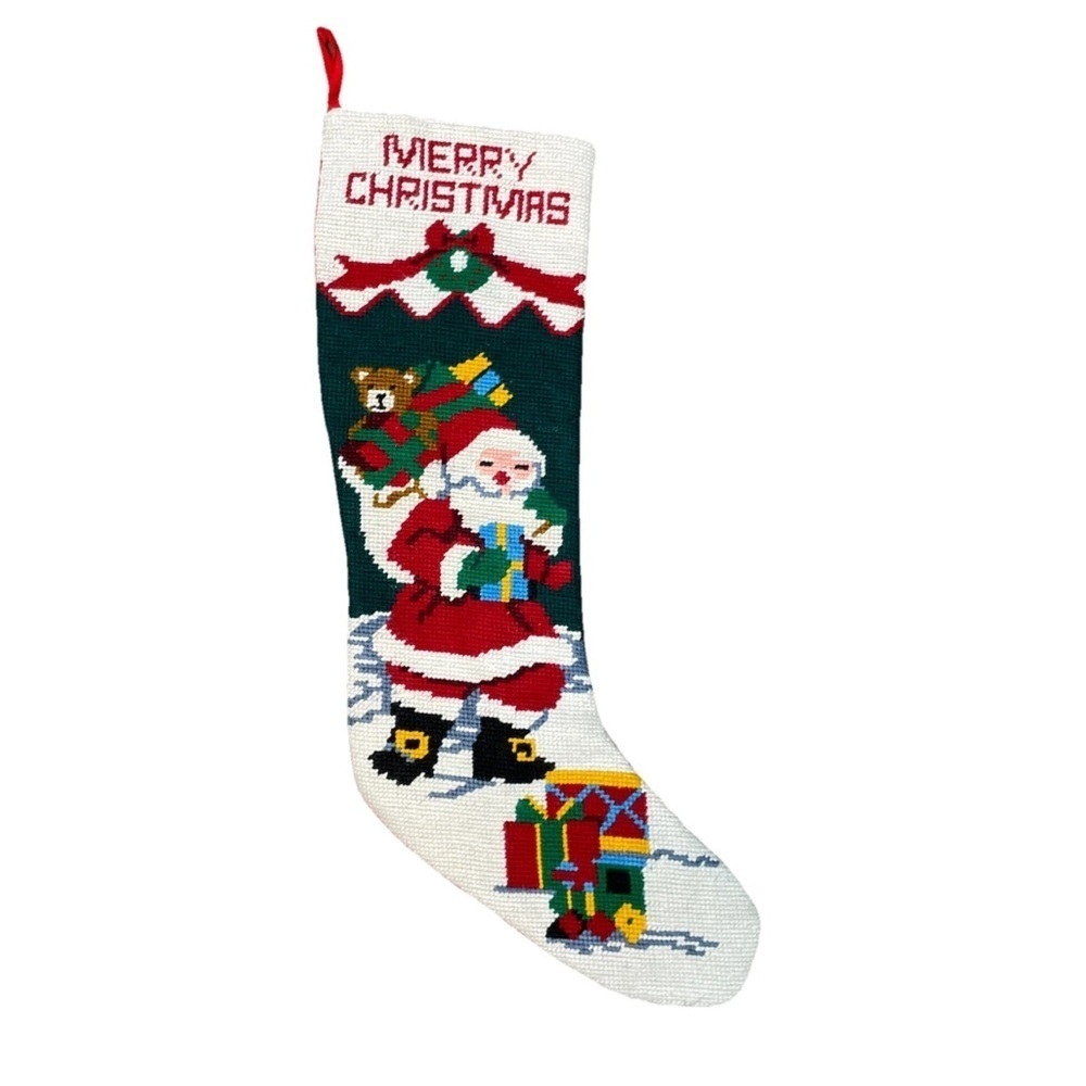Vintage Santa Claus Christmas Stocking Needlepoint "Merry Christmas"